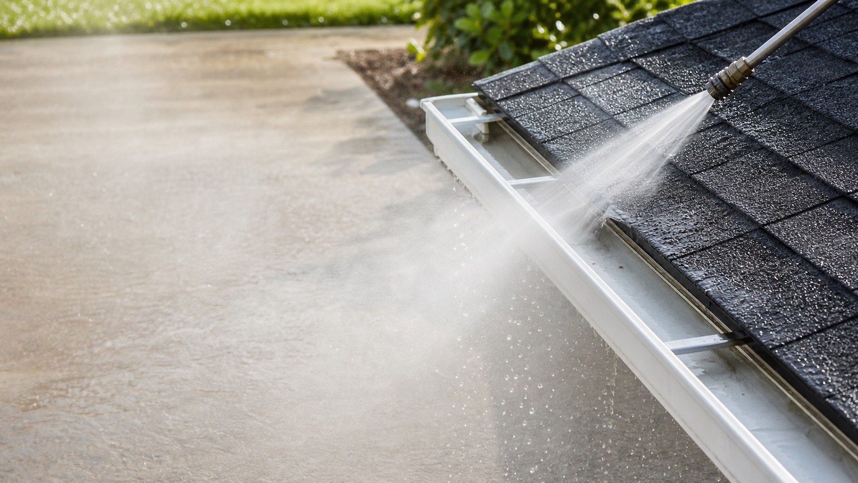 Water rinsing across a roof edge and gutter